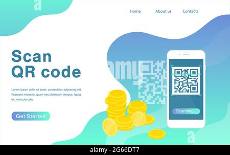 Scan QR code flat vector landing page template. Smartphone and QR code scanning for payment. Homepage design with header and flat illustrations Stock Vector
