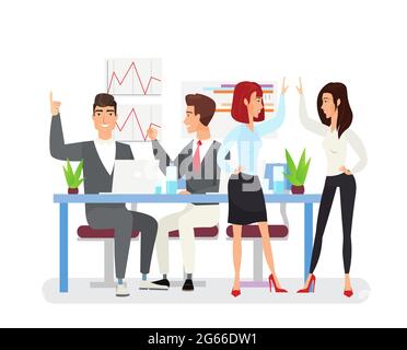 Business achievements flat vector illustration. Young coworkers happy with successful project. Top managers celebrate victory cartoon characters. Male Stock Vector