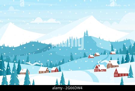 Snowing in mountains landscape flat vector illustration. Beautiful winter season view on hills with small country houses and trees. Snowy peaks Stock Vector