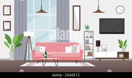 Living room flat vector illustration. Modern detailed interior design. Room with pink couch, TV, bookshelf. Cozy apartment. Flat with big windows and Stock Vector