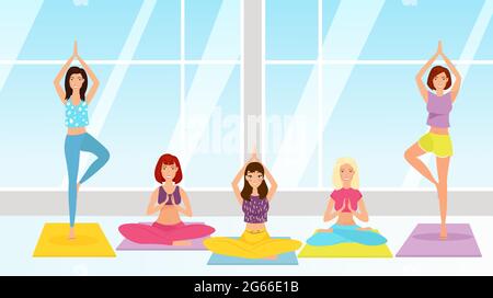 Yoga class flat vector illustration. Girls sitting in lotus pose. Female characters practising asanas on colorful rugs. Meditation and relaxation Stock Vector