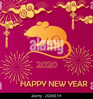 Mouse year greeting card flat vector template. Eastern New Year symbol on pink background. Golden mouse silhouette with stylized oriental ornaments Stock Vector