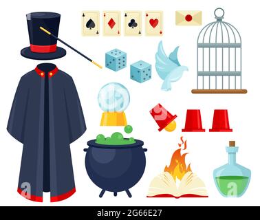 Magician items flat vector illustrations set. Illusionist mantle, cylinder hat and stick isolated pack. Mystery show, performance equipment. Magical Stock Vector