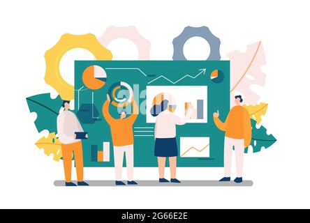 Teamwork in project planning flat vector illustration. Colleagues, coworkers discussing statistical report cartoon characters. Managers offering Stock Vector