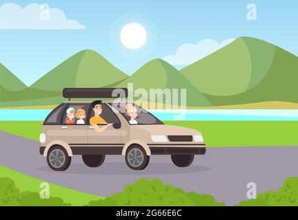 Family road trip flat vector illustration. Mother riding car with husband and children. People characters travelling together in automobile. Beautiful Stock Vector