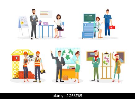 Professions flat vector illustrations set. Office workers, analysts cartoon characters. Doctor and emergency paramedic. Engineers and builders. Male Stock Vector