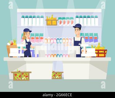 Supermarket checkout flat vector illustration. Male and female cashier cartoon characters in uniform working at grocery shop. Shelf with products in Stock Vector
