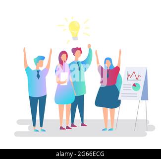 Coworkers celebrate victory flat vector illustration. Teamwork and cooperation at workplace concept. Happy colleagues raising hands with joy. Top Stock Vector
