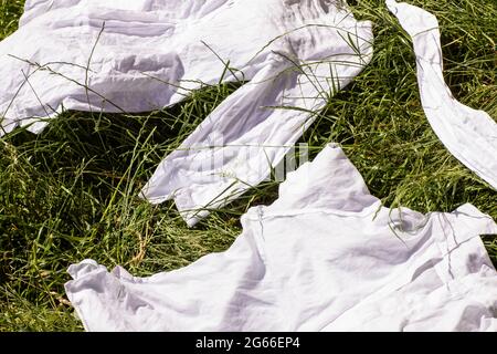 Natural sun bleach, eco friendly whitening and removing stains from white clothes by laying fresh laundry flat in the sun to whiten and clean them Stock Photo