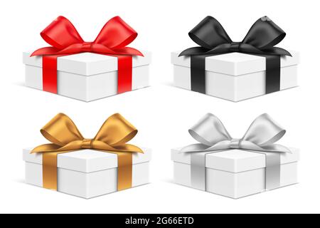 Vector set of low-size vector gift boxes, with different color satin bows. Stock Vector