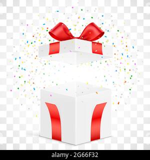 White gift box with exploded colorful confetti, isolated on background. Vector giftbox mockup. Stock Vector