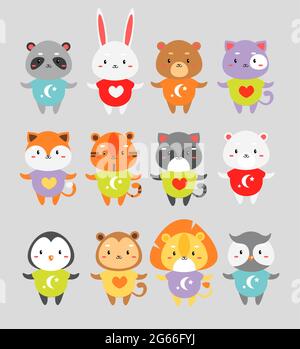 Cute animals flat vector illustrations set. Little rabbit, fox, tiger in color pajamas isolated cartoon characters. Bear, cat, monkey children toys Stock Vector