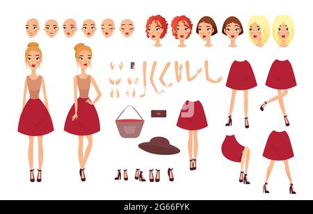 Vector illustration of young woman set with different positions of body parts in casual clothes. Famale character creation collection. Faces Stock Vector