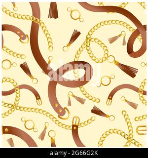 Vector illustration of seamless pattern with belts, chain and braid for fabric design in light colors. Stock Vector