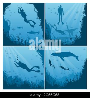 Set of scuba divers, snorkeling flat vector illustration. Collection of underwater landscapes, Diver in swimsuit with flippers silhouette. Active Stock Vector