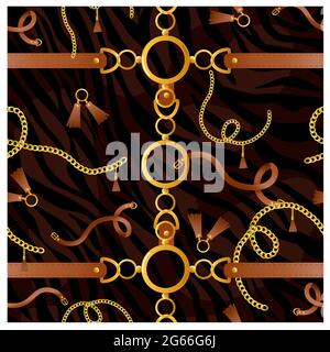 Vector illustration of seamless patterns with belts, chain and golden elements on tiger skin pattern, design for fabric. Stock Vector