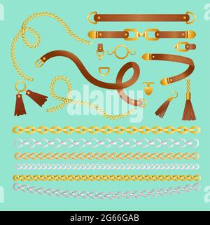 Vector illustration set of chains, straps and belts in golden and silver colors, braid and pendant. Fashion jewelry elements for fabric print. Stock Vector