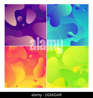 Color abstract fluid social media background set. Wavy bubble web banner colorful design. Flowing liquid gradient dynamic shapes, lava lamp. Geometric Stock Vector