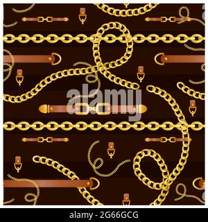 Vector illustration of seamless pattern with belts and chain on dark background, golden colors. Stock Vector