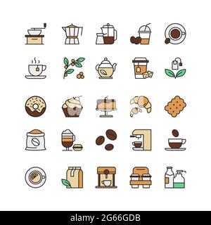 Coffee and tea drinks linear icons set. Takeaway cup, tea leaves, espresso machine and roasted coffee beans thin line contour symbols. Pastry and Stock Vector