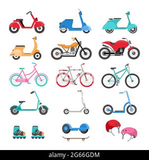 Urban eco transport illustrations set. Summer activities concept. Scooters, bicycles, roller-skates, skateboard, helmet cartoon cliparts pack Stock Photo