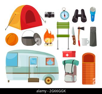 Tourism equipment flat vector illustrations set. Camping items color drawing. Tourist tent, backpack isolated cliparts pack. Traveller trailer caravan Stock Vector