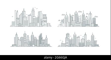 City buildings linear icons set, business center Stock Vector