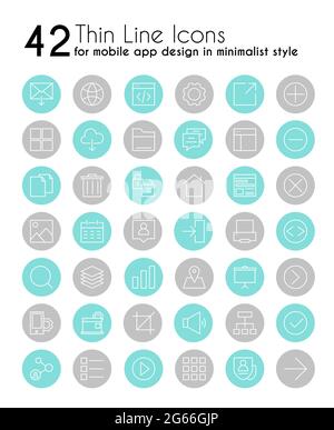 Smartphone apps vector linear icons set. Mobile application design in minimalist style thin line pictograms. Cellphone functions, multimedia button Stock Vector
