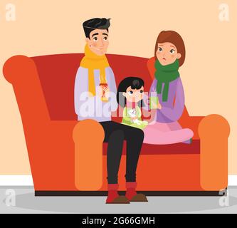 Vector illustration of parents and kid with flu and cold, sad family, sickness. Cold and flu concept. Sick family characters. Mother, father and Stock Vector