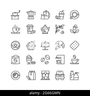 Coffee and tea drinks linear icons set Stock Vector
