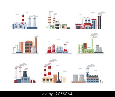 Industrial complex, Factory buildings color icons set Stock Vector