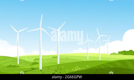Wind turbines on meadow flat vector illustration. Wind energy converter. Renewable resource. Energy industry and power sector. Summer landscape, rural Stock Vector
