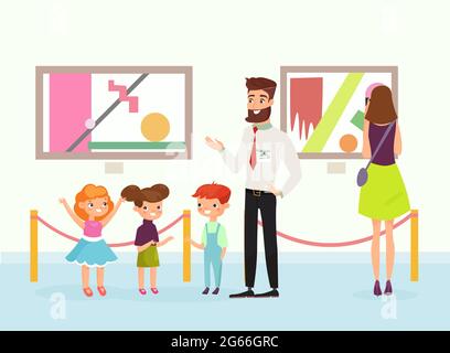 Vector illustration of cute cartoon kids in art gallery, looking on the pictures, listening guide in art museum. People admire paintings gallery. Flat Stock Vector