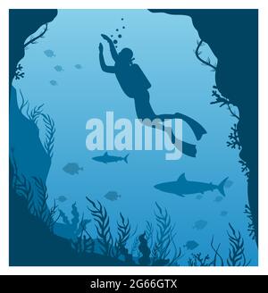 Vector illustration of dive deep in water. Silhouette of scuba diver, man in aqualung with lantern and coral reef, big fishes on a blue sea background Stock Vector