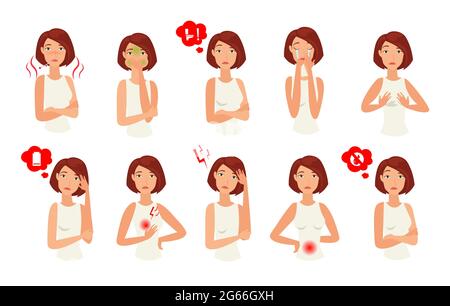 Women pregnancy signs icons set. Cartoon expected mother vector characters. Pregnant woman sickness, nausea isolated pack on white background. Medical Stock Vector