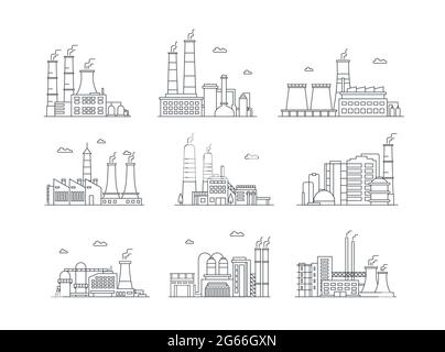 Industrial complex color icons set. Manufacturing plants isolated vector illustrations. Factory buildings and mass production. Air pollution, pipes Stock Vector