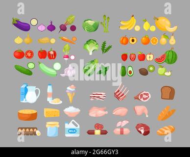 Food cartoon vector illustrations set. Fruits, vegetables, bakery, dairy and meat produce. Foodstuff isolated cliparts pack. Good nutrition concept Stock Vector