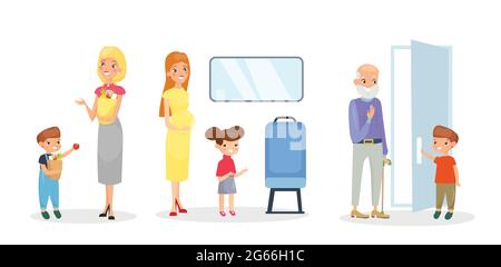 Vector illustration set of kids helping adults, good manners. Polite cute children, opening door for old man, helping to mother, giving seat in Stock Vector