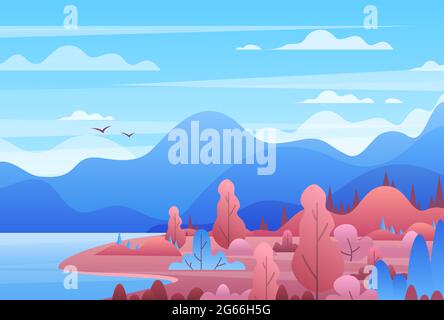 Mountain landscape flat vector illustration. Hills skyline scenery, mountains horizon. Stock Vector