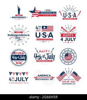 Vector illustration set of 4th of July greeting logos, United Stated independence day greeting. Fourth of July typographic elements collection for Stock Vector