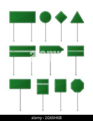 Set of green color road signs. Vector illustration on white background. Road signs template. Stock Vector
