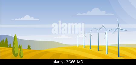 Wind turbines on on the autumn field, flat vector banner illustration. Wind energy converter, baner . Renewable resource. Energy industry and power Stock Vector