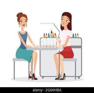 Vector illustration of young women in manicure salon. Manicurist doing procedure with nail polish, manicure, beauty salon, girls in manicure studio Stock Vector