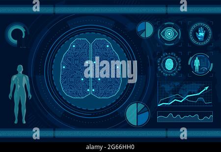 Personal identification flat vector illustration. Smart recognition system, fingerprint, palm print and eye scan. Artificial intelligence, AI Stock Vector