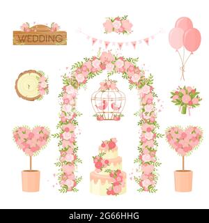 Wedding party flower decoration items. Cartoon bunch of flowers, holiday bouquet, arch, cake, doves greeting card, poster design elements. Ceremony Stock Vector