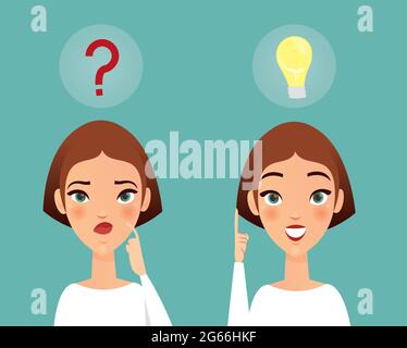 Vector illustration of thoughtful woman, have an idea. Thinking girl ask questions and found question answer. Female have an idea concept in cartoon Stock Vector