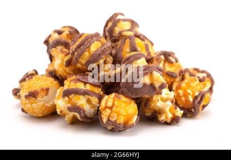 Chocolate Stripped Caramel Popcorn on a White Background Stock Photo