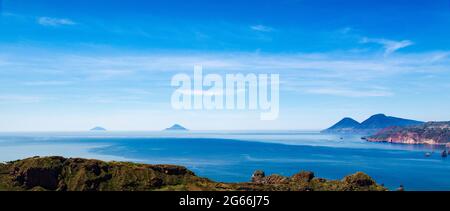 The aeolian archipelago a panoramic view over Alicudi, Filicudi, Lipari and Salina Stock Photo