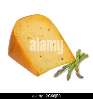 Wedge of Dutch green asparagus cheese and fresh green asparagus isolated on white background Stock Photo