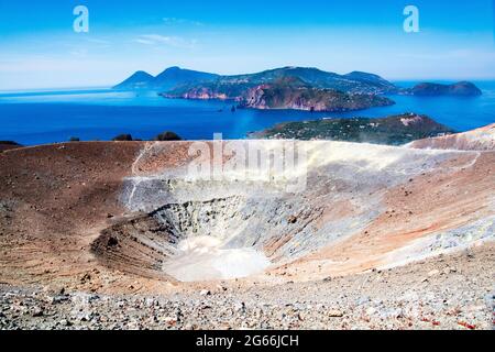 Vulcano crater and a view over Lipari and Salina Stock Photo